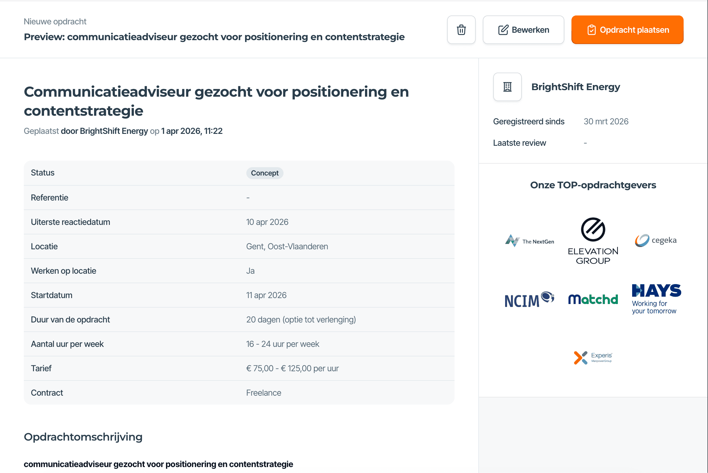 Bekijk je preview voordat je je opdracht publiceert.