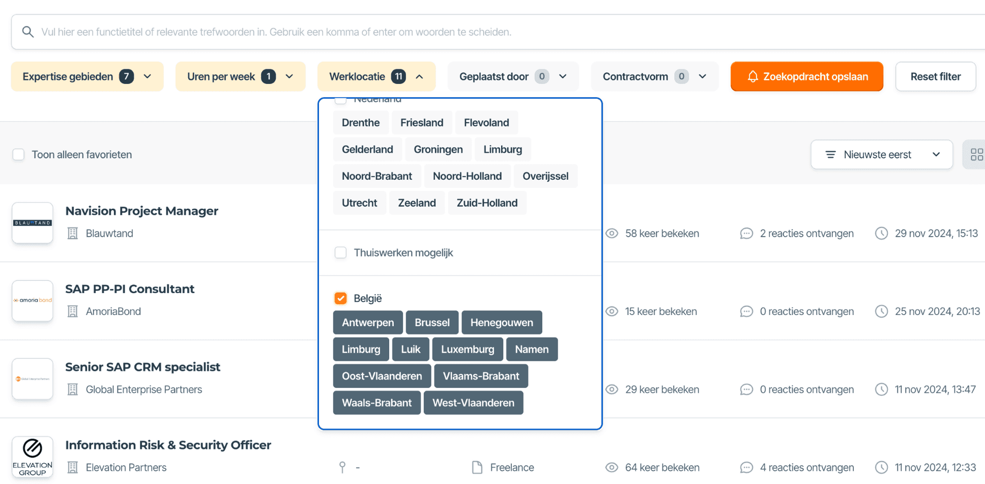 De zoekopdrachten filters op Freelance.be.