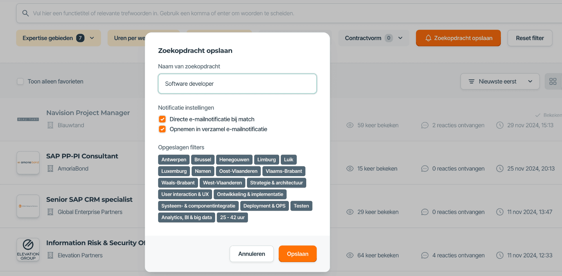 E-mailmeldingen activeren voor je zoekopdracht op Freelance.be.