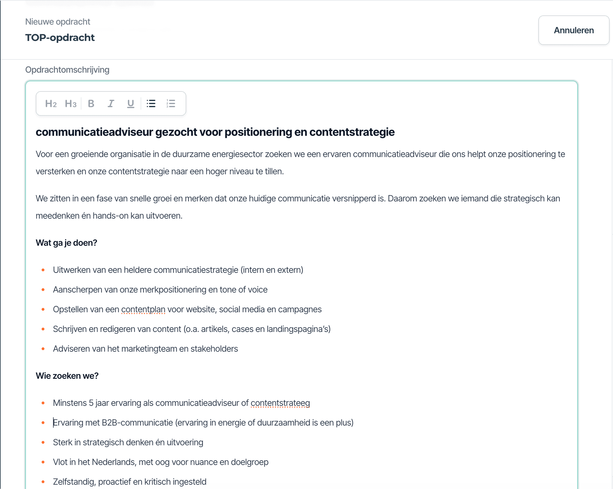 Een voorbeeld van een sterke opdrachtomschrijving.