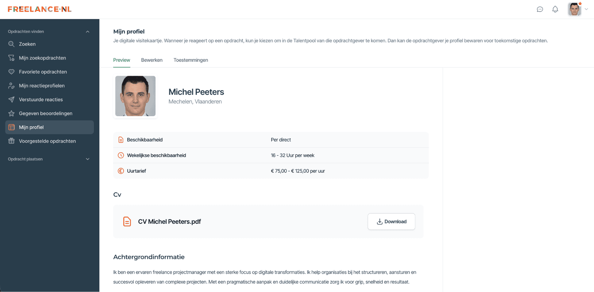 Je persoonlijke profiel op Freelance.be.